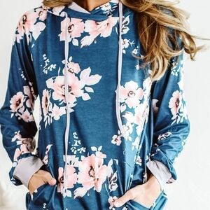 Angashion Floral Print Women's Blue Hoodie